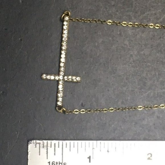 Rhinestone Cross Necklace Gold Horizontal Bling Glam - Picture 4 of 5